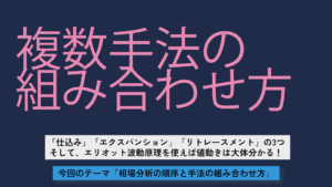 多数手法の組み合わせ方を示すオンライン学習コースの画像、エリオット波動理論と相場分析の順序と方法の解説を強調したデザイン。.